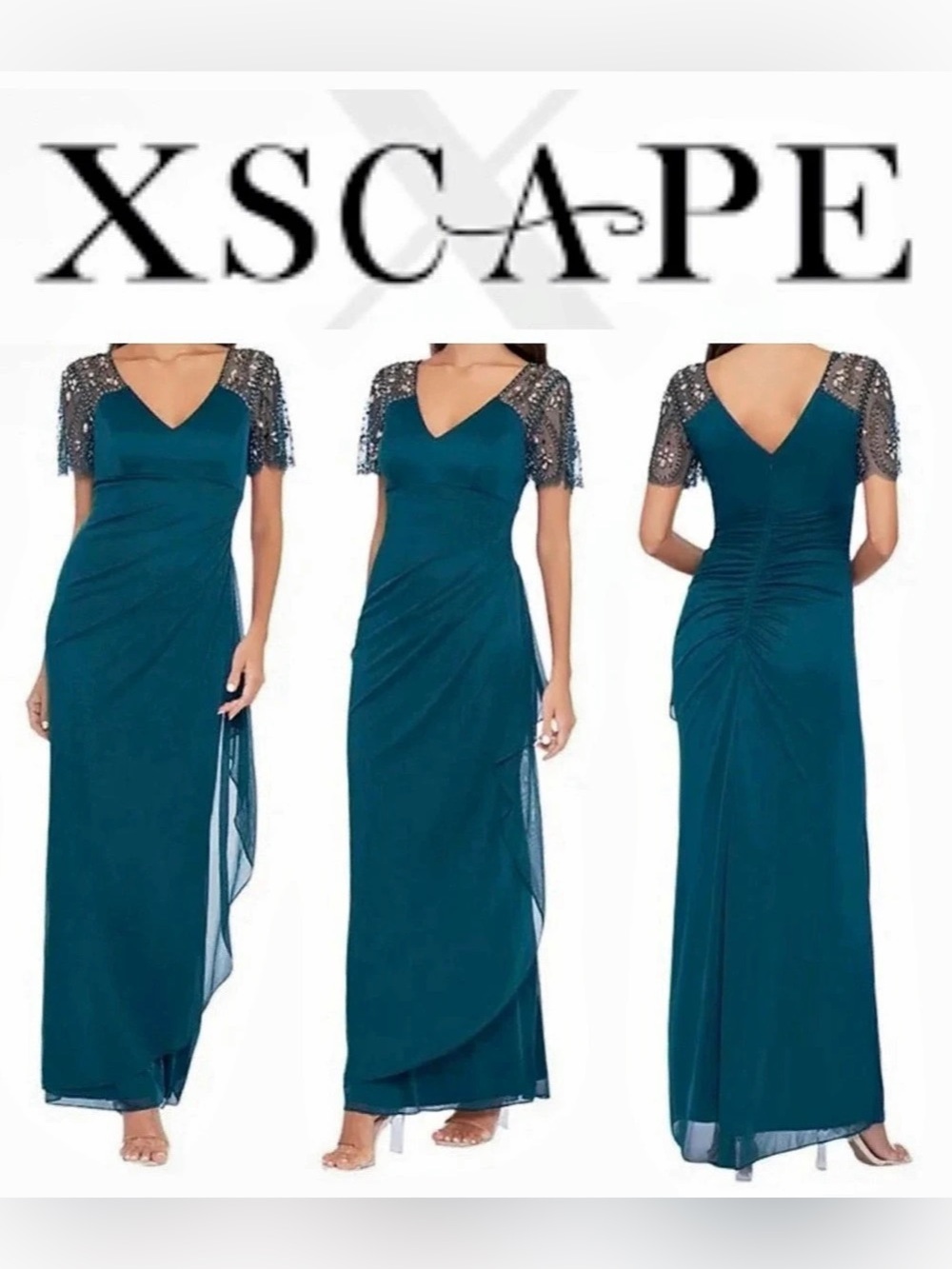 36. XSCAPE Beaded-Sleeve Gown Blue Size 14 NWT